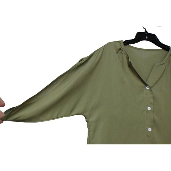 Shein Women’s Button Down Chiffon Blouse,S, Olive - Picture 4 of 8